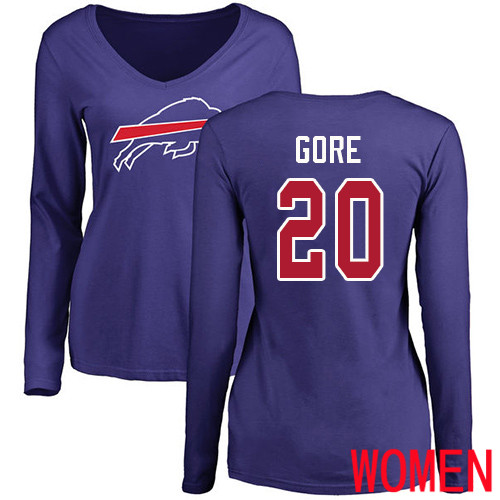 NFL Women Buffalo Bills #20 Frank Gore Royal Blue Name and Number Logo Long Sleeve T Shirt->nfl t-shirts->Sports Accessory